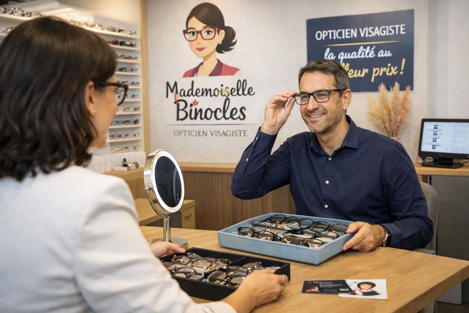Opticienne réalisant un contrôle de vue avec un patient dans le magasin Mademoiselle Binocles de Cugnaux